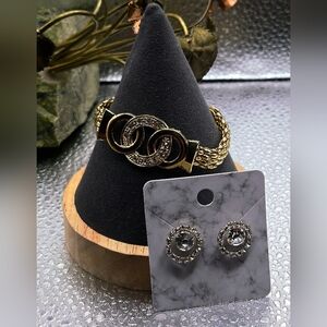 "5/$25" Fashion Jewelry Set Rhinestone Gold Bracelet/Silver Post Earrings